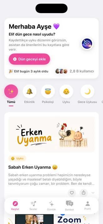 Keşfet ekranı: uyku içerikleri ve etkinlikler
