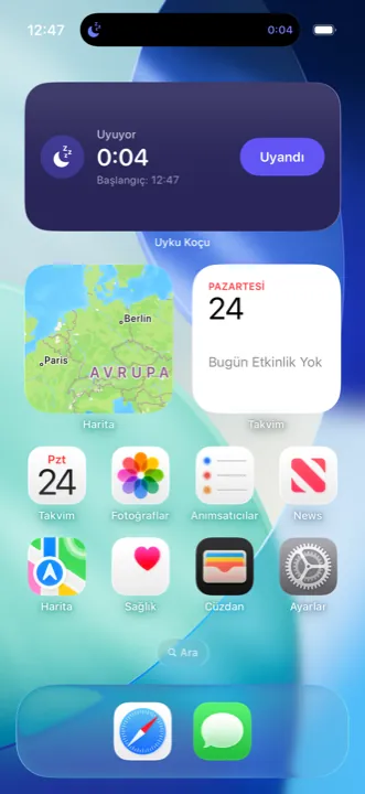 Ana ekranda uyku sayacı gösteren Uyku Koçu Canlı Aktivitesi