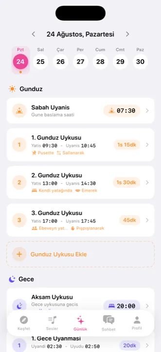 Uyku Koçu Günlük ekranı: gündüz uykuları ve gece uyanmalarının kaydı